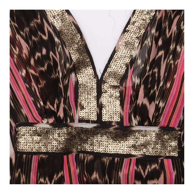 Pink Black Abstract Ikat Sheer Sequin V Neck Kafta