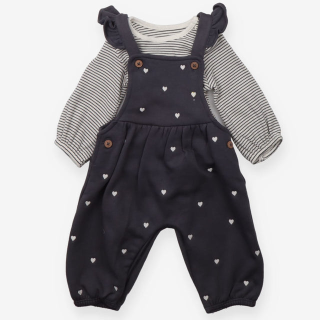 Outfit grey heart dungarees striped bodysuit LS