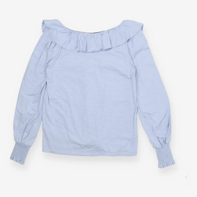 Light Blue Jersey Blouse – Ruffle Neck Soft Stretc
