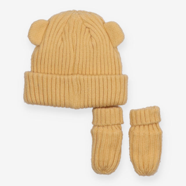 Beanie With Ears and Gloves Ribbed Yellow