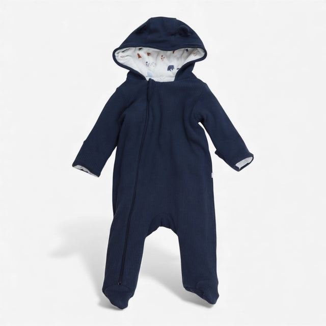 Pramsuit Ribbed Jersey navy with bear Lined Hood