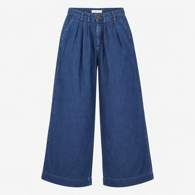 Trousers Wide Leg Pleated Denim Dark Blue
