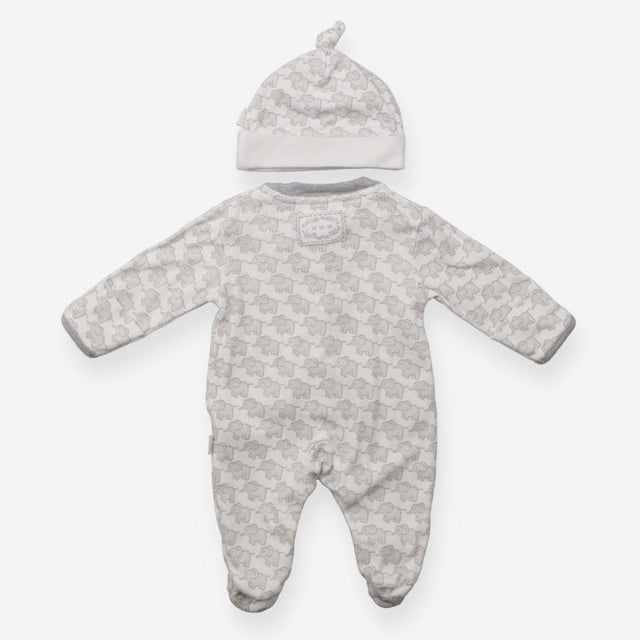 Popper Sleepsuit and Hat White with Elephants