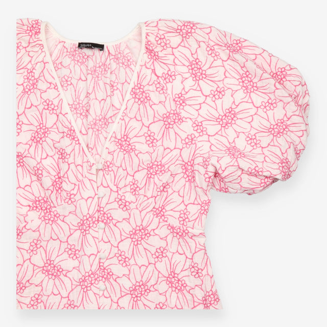White and Pink Embroidered Floral Puff Sleeve Mini
