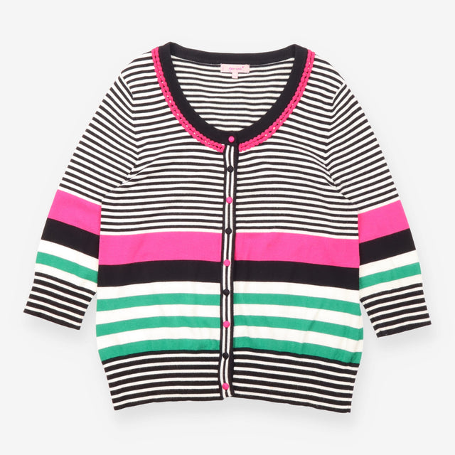 Cardigan Black White Pink Green Striped Embellishe
