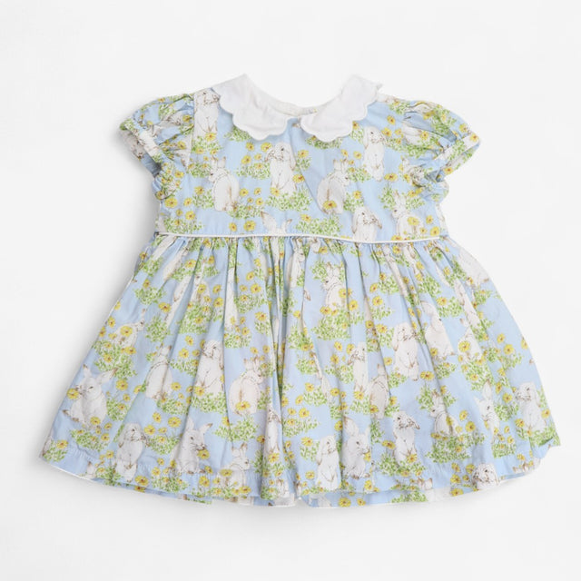 Dress Blue with Rabbits & Yellow Flowers with Whit