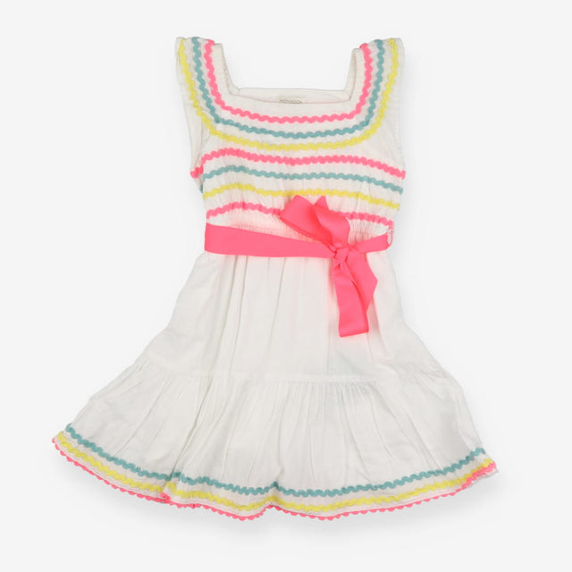 Woven Dress White, Colourful Wavy Strips and Pink