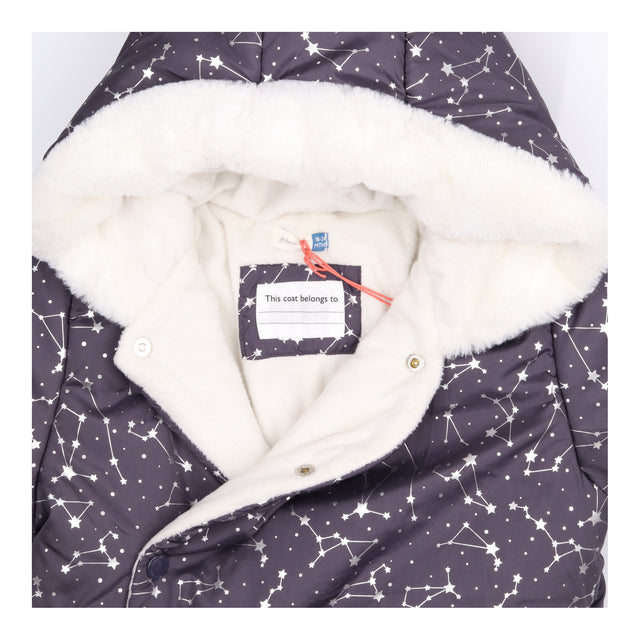 Pramsuit navy blue stars white fur lining