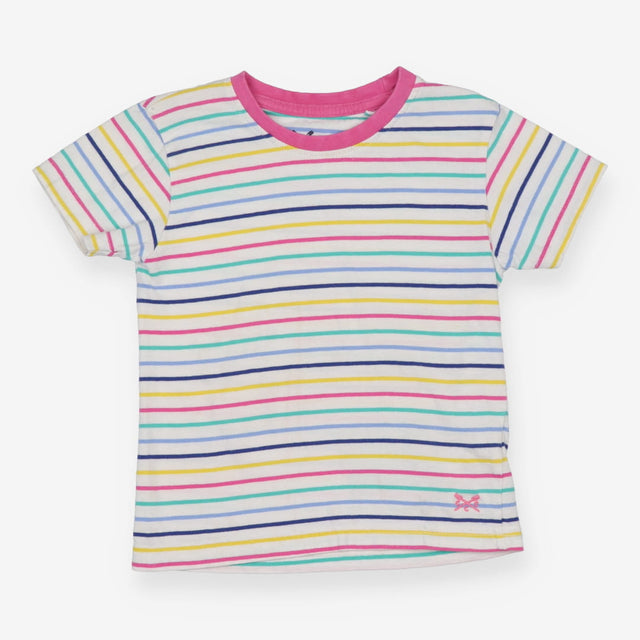 Tee SS white small coloured stripes pink neck