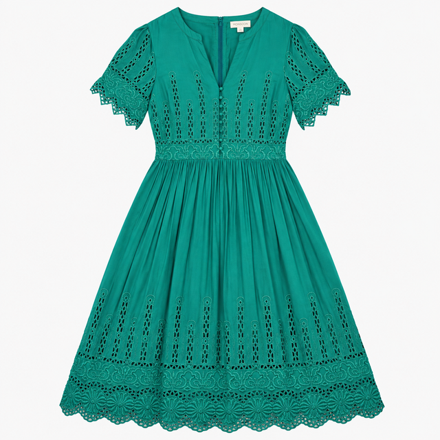 Midi Dress Emerald Green Embroidered Lace