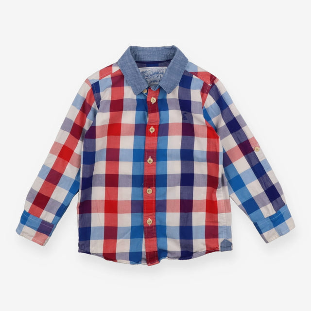Shirt red white blue check denim collar cuffs
