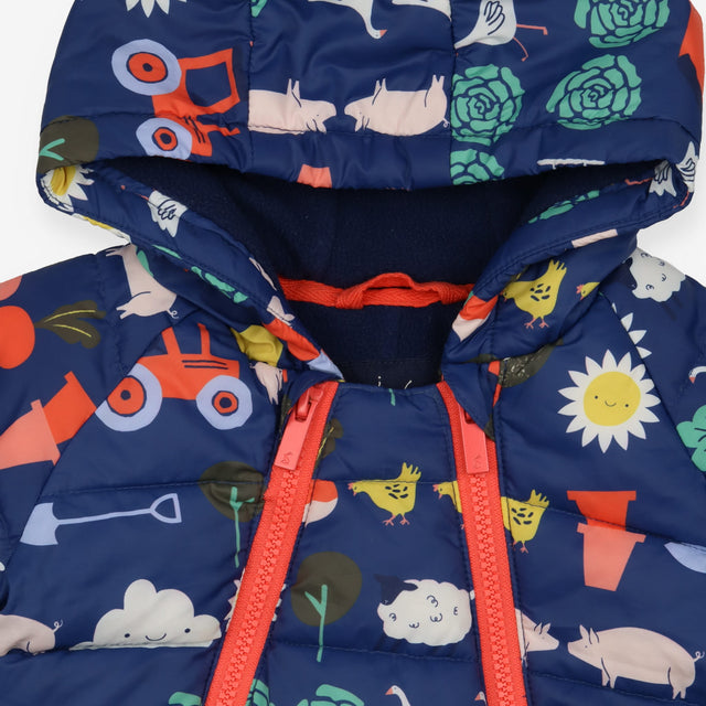 Pramsuit Blue Farm Print with Orange Zip