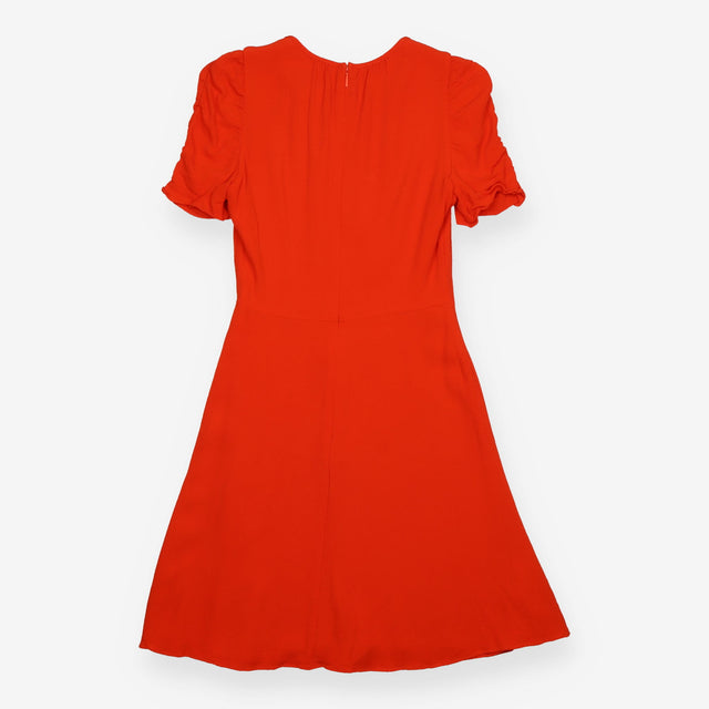 Midi Dress Orange Red Ruched Puff Sleeve Textured