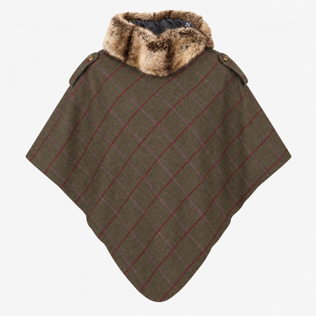 Poncho Wool Blend Faux Fur Collar Checked Dark Gre