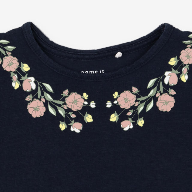 Dress SS navy flowers on neck jersey