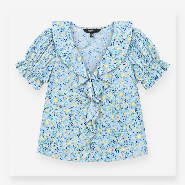 Light Blue Floral Ruffle Collar Short Sleeve Blous