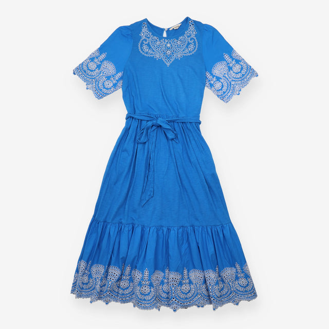 Midi Dress Embroidered Short Sleeve Tie Belt Blue