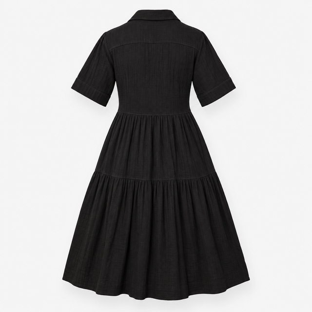 Shirt Dress in Black Cotton with Tiered Skirt