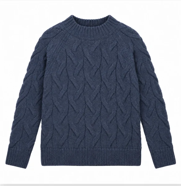 Jumper Blue Cable Knit Pure New Wool Crew Neck