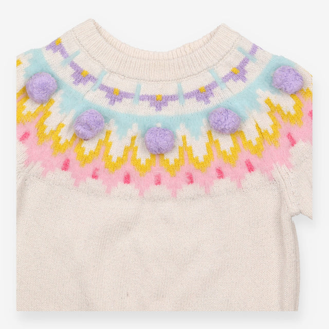 Grey Sparkle Knit Sweater with Purple Pom Poms
