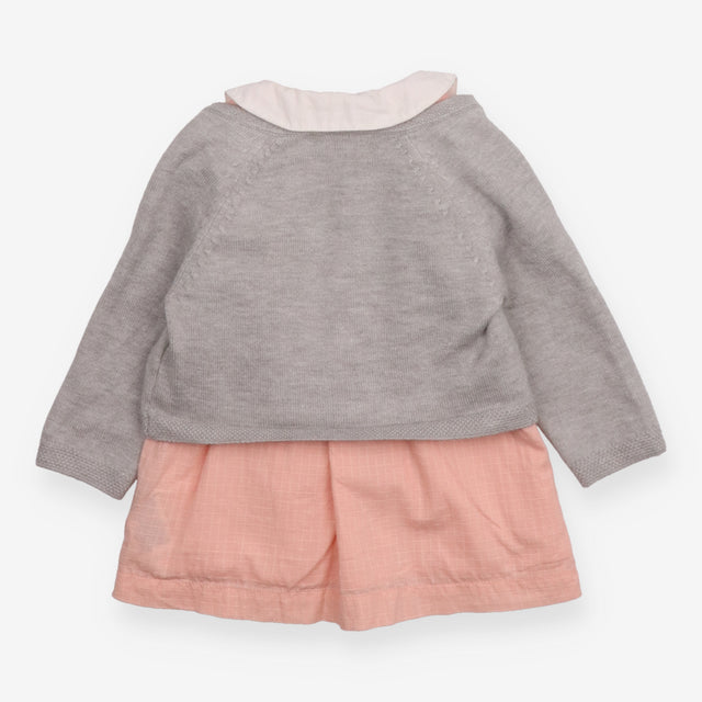Pink Duck Dress with Grey Cardigan