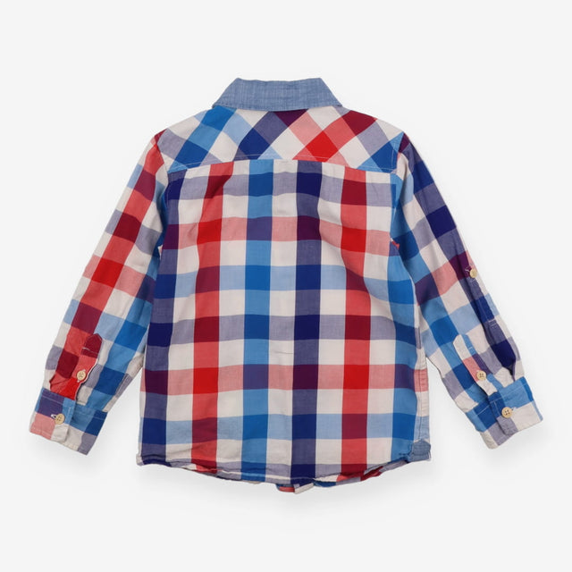 Shirt red white blue check denim collar cuffs