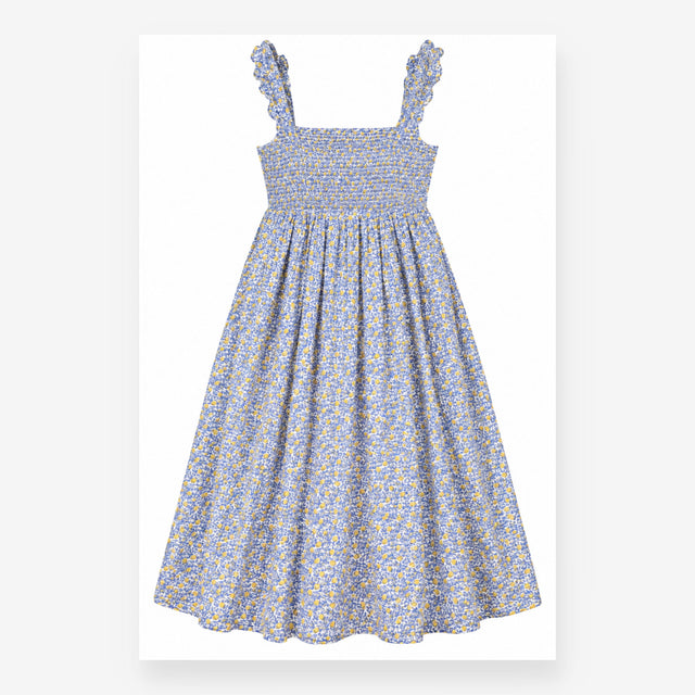 Dress Shirred Bodice Lemon Print Straps Blue Yello