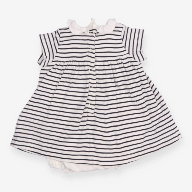 Dress navy and white striped ruffle neck