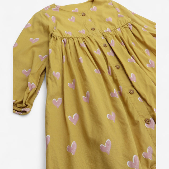 Dress yellow button up pink hearts