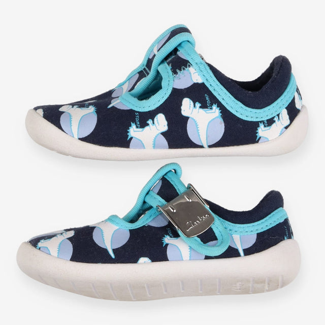 Blue buckled pram shoes with dinos