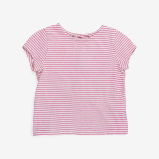 Pink and white striped short sleeved t-shirt