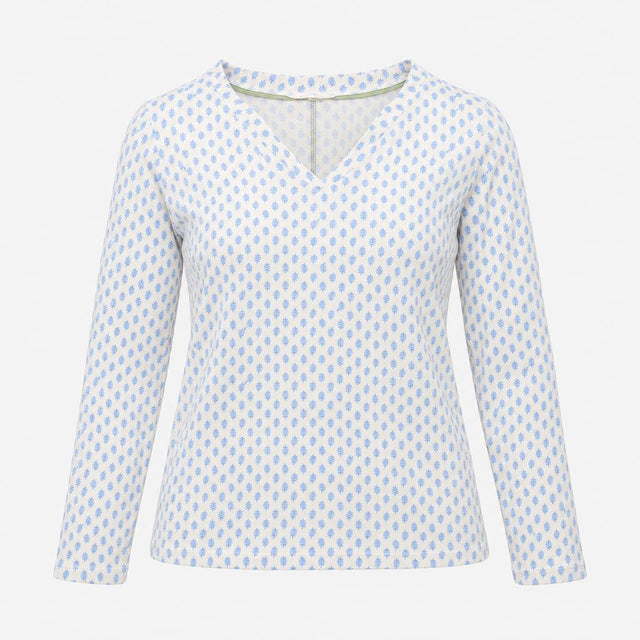 Top White Blue Leaf Print V-Neck Long Sleeve Cotto