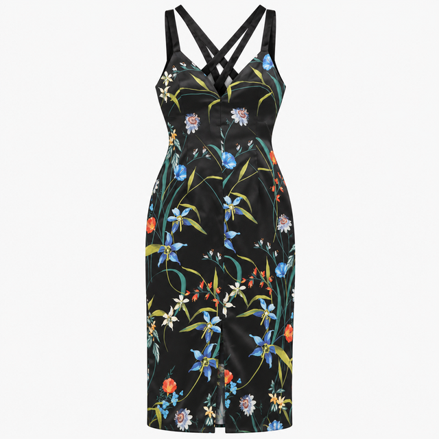 Floral Print Cross Back Strappy Sheath Midi Dress