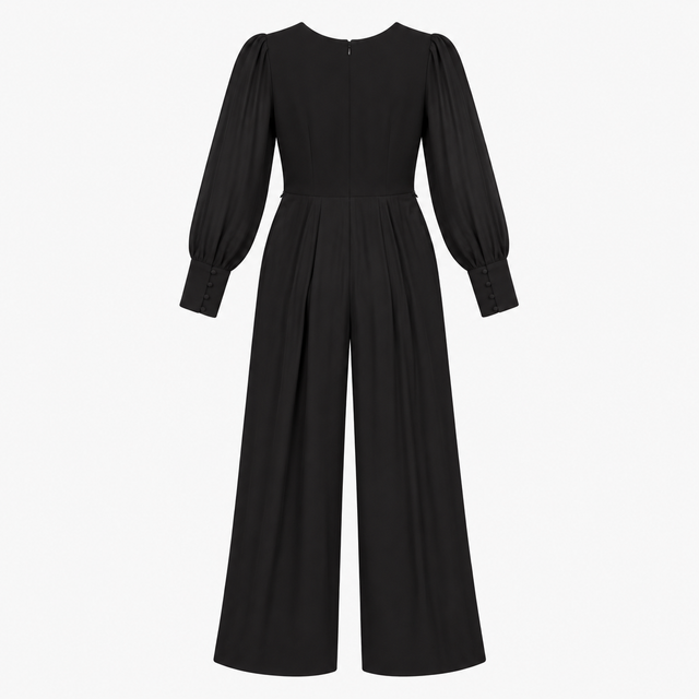 Wide Leg Jumpsuit Black Silk Blend Sheer Sleeve
