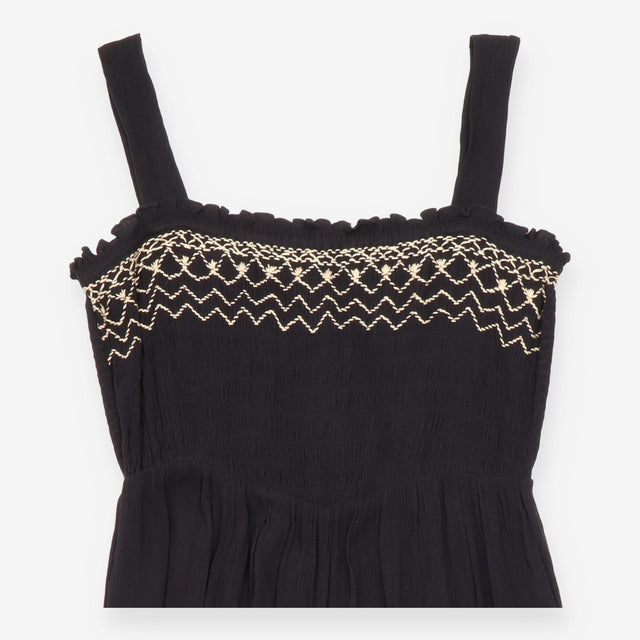 Black Embroidered Smocked Jumpsuit Viscose