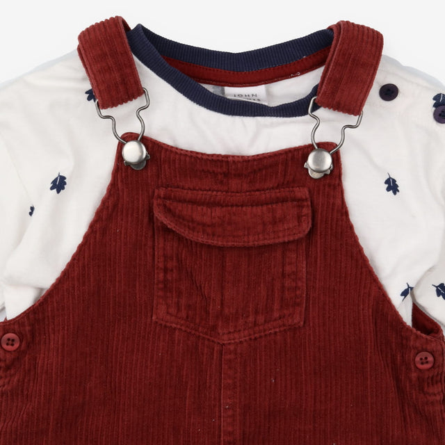Outfit maroon cord dungarees LS cream tee blue lea