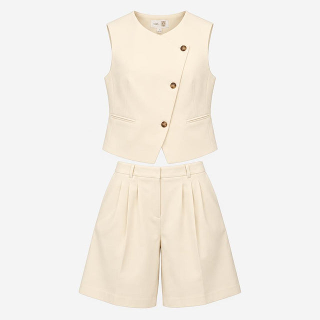 Ecru Off White Asymmetric Button Waistcoat Vest Pl