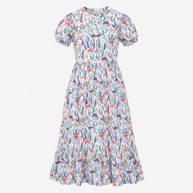 Tiered Midi Dress Dinosaur Botanical Print