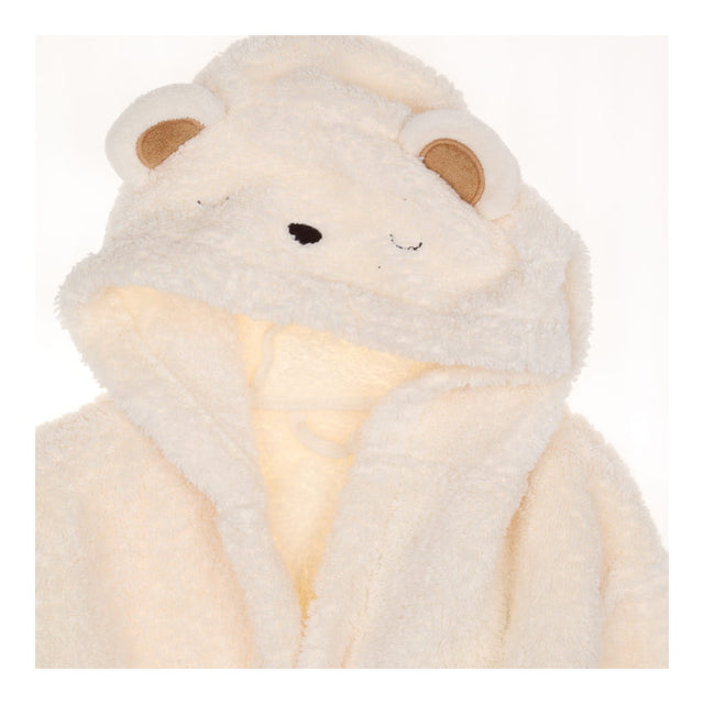Cream towelling dressing gown with bear face hood