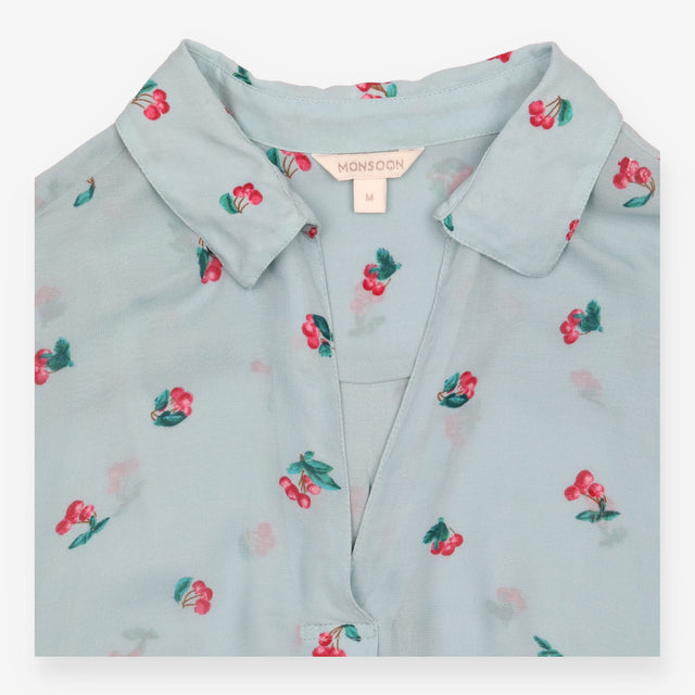 Blouse Pale Blue Cherry Print Tie Cuff Long Sleeve