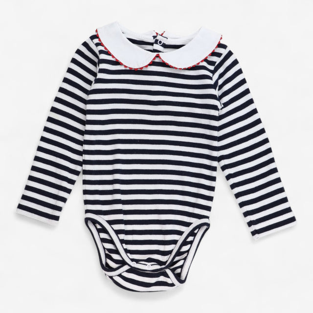 Bodysuit Long Sleeve Collared Navy and White Strip