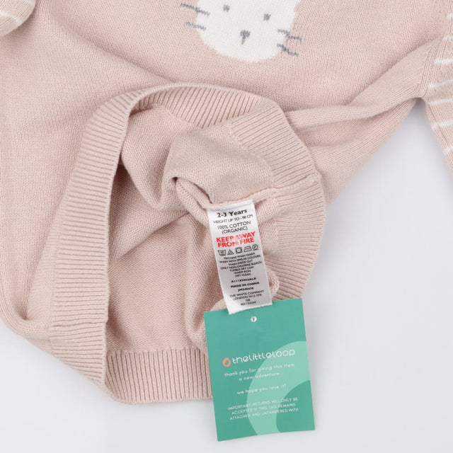 Sweater knit pink striped sleeve cat
