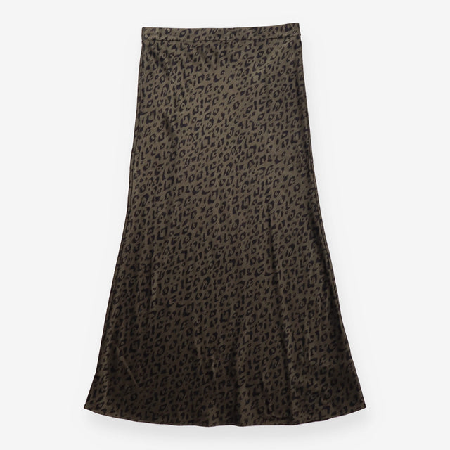 Khaki Leopard Print Long Skirt with Side Split