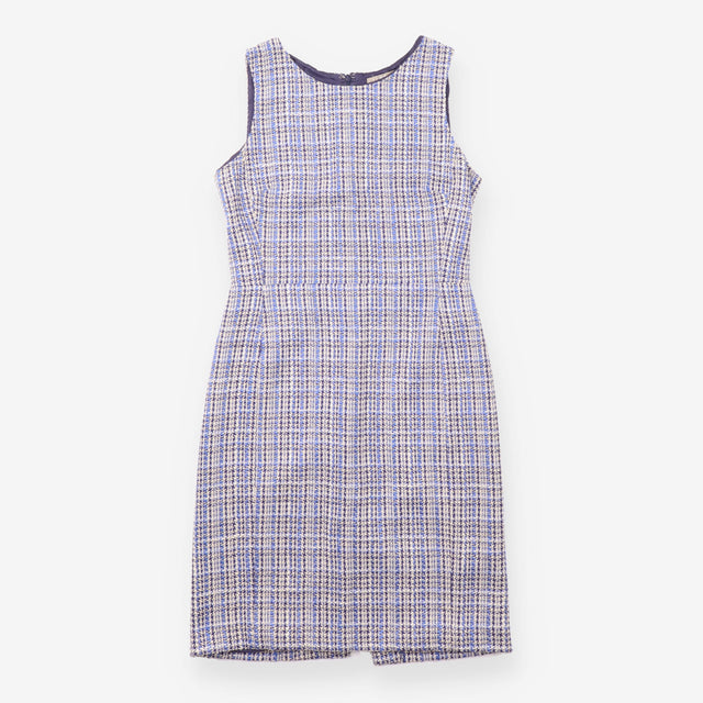 Dress Blue Cream Textured Tweed Sleeveless Shift