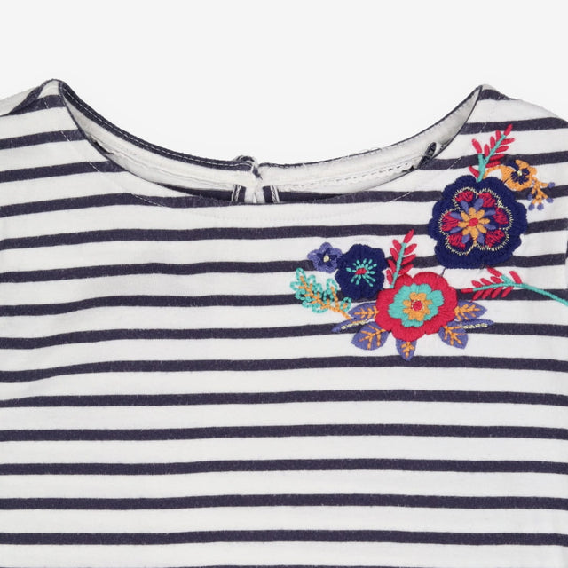 T-Shirt Long Sleeved Navy Stripe Flower Applique