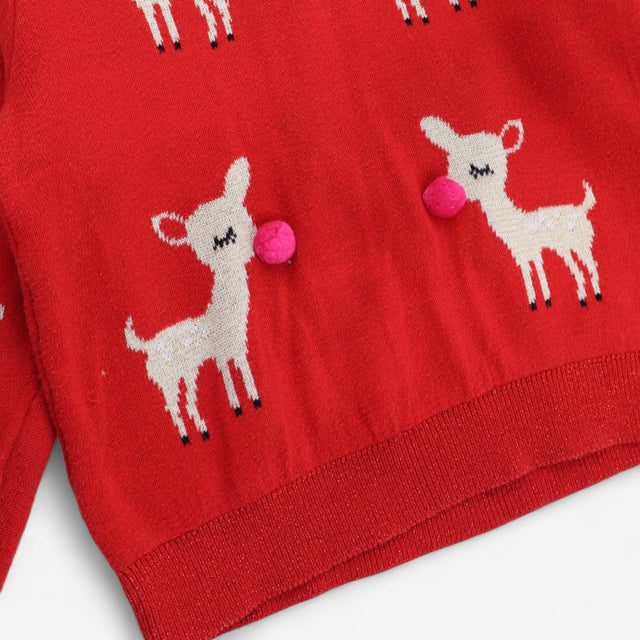 Red Knit Deer with Pink Pom Pom Sweater