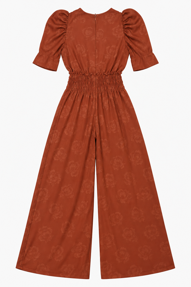 Terracotta Rust Floral Jacquard Puff Sleeve Jumpsu