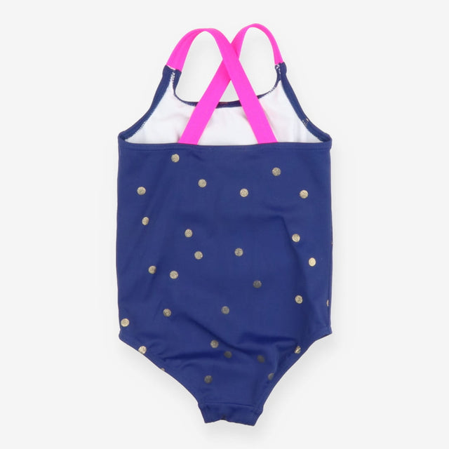 Swimsuit blue gold spots pink straps