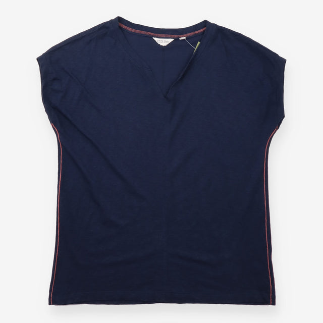 Top Navy Cotton Slub Notch Neck Short Sleeve