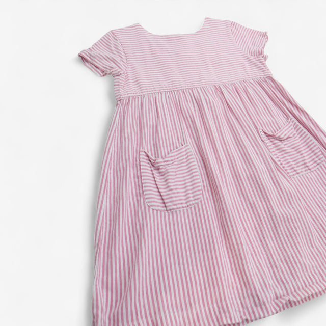 Cotton dress short sleeve white pink stripe pocket
